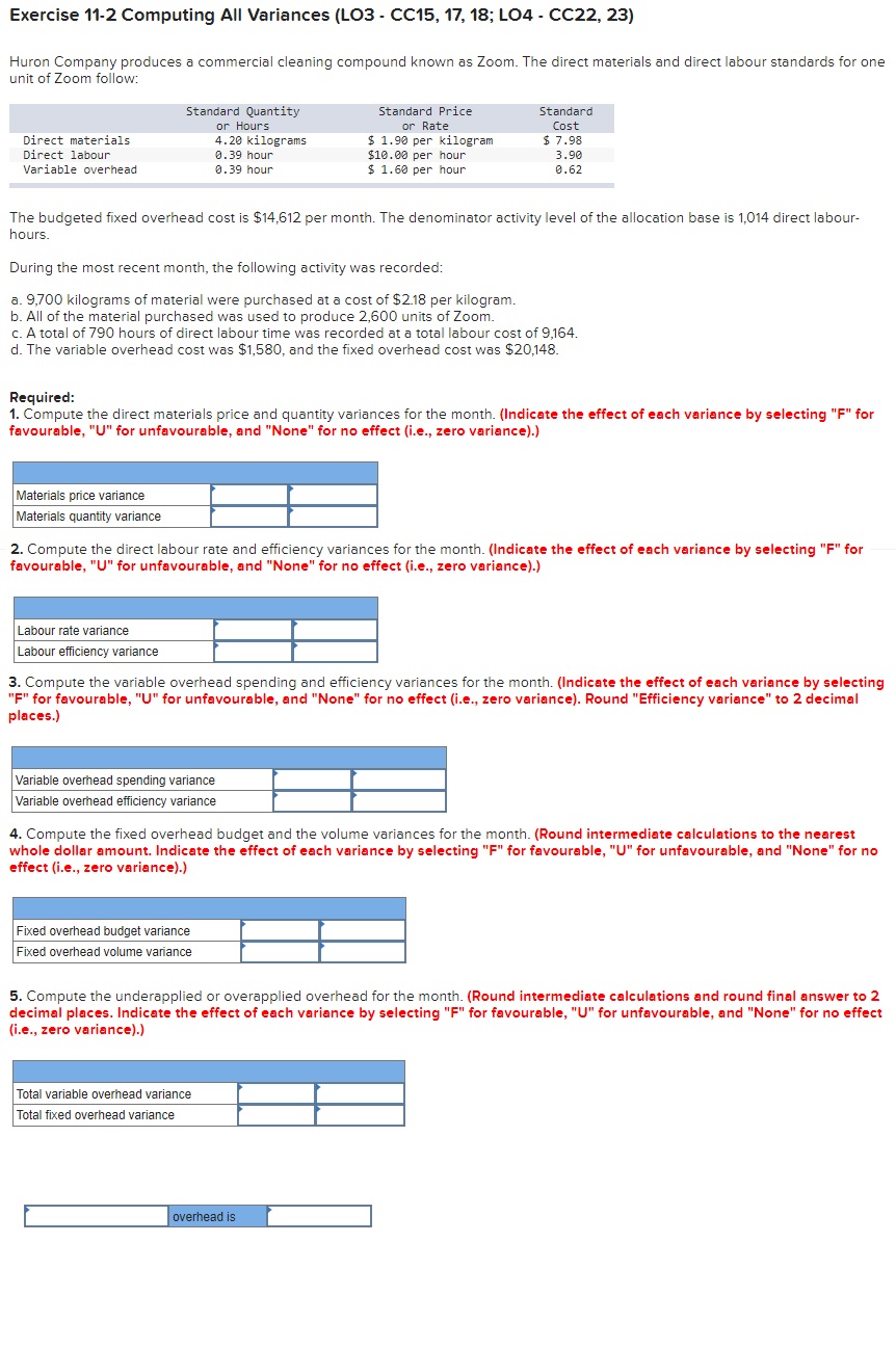 Exercise 11-2 Computing All Variances (LO3 - CC15, 17, 18; LO4
