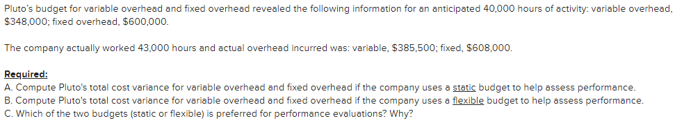 Pluto's budget for variable overhead and fixed overhead revealed the following