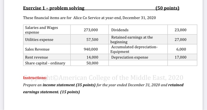  Exercise 1 - problem solving (50 points) These financial items are