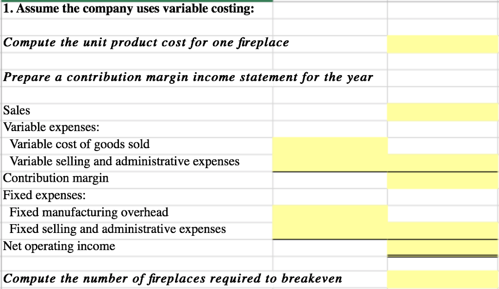 last year is as follows: $420 Selling price per fireplace Manufacturing costs: