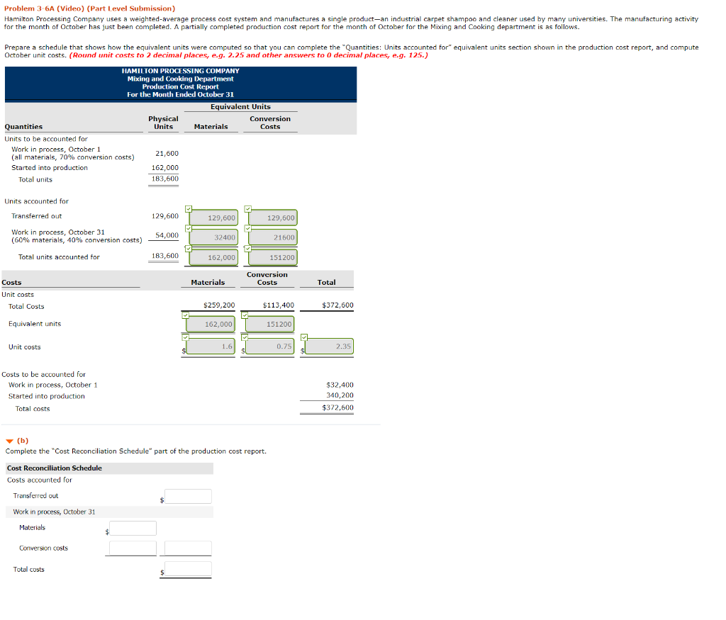  Problem 3 6A (Video) (Part Level Submission) Hamilton Processing Company uses