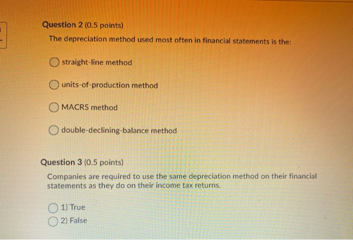  Question 2 (0.5 points) The depreciation method used most often in