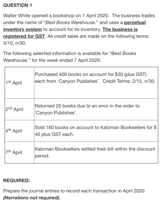 QUESTION 1 Walter White opened a bookshop on 1 April 2020.