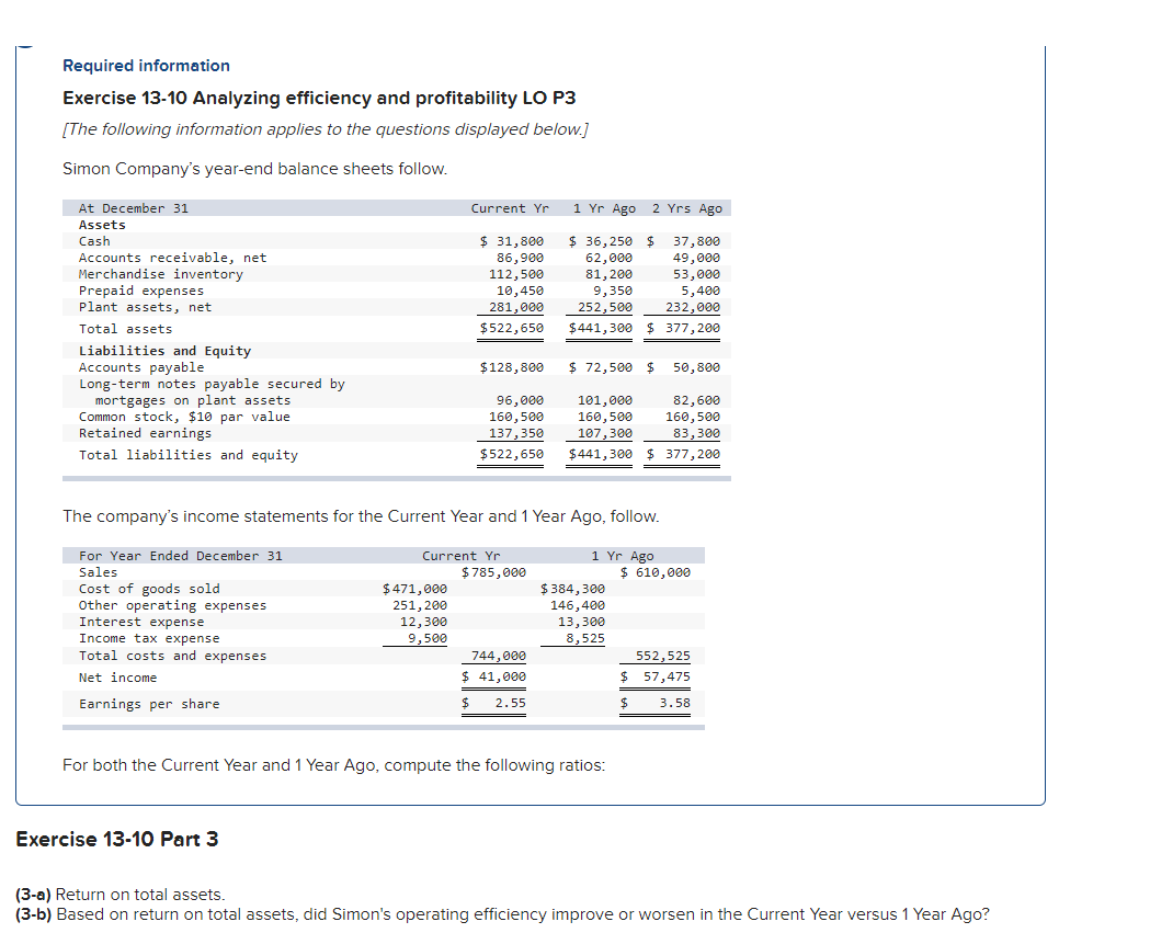  Required information Exercise 13-10 Analyzing efficiency and profitability LO P3 [The
