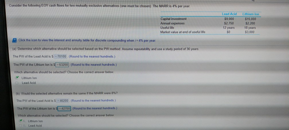  Consider the following EOY cash flows for two mutually exclusive alternatives