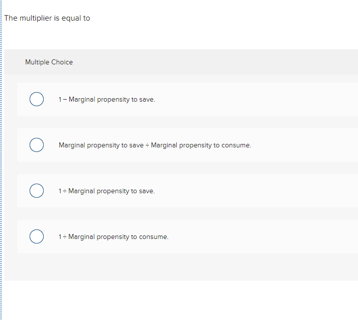  The multiplier is equal to Multiple Choice 1 - Marginal propensity