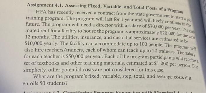 Assignment 4.1. Assessing Fixed, Variable, and Total Costs of a Program