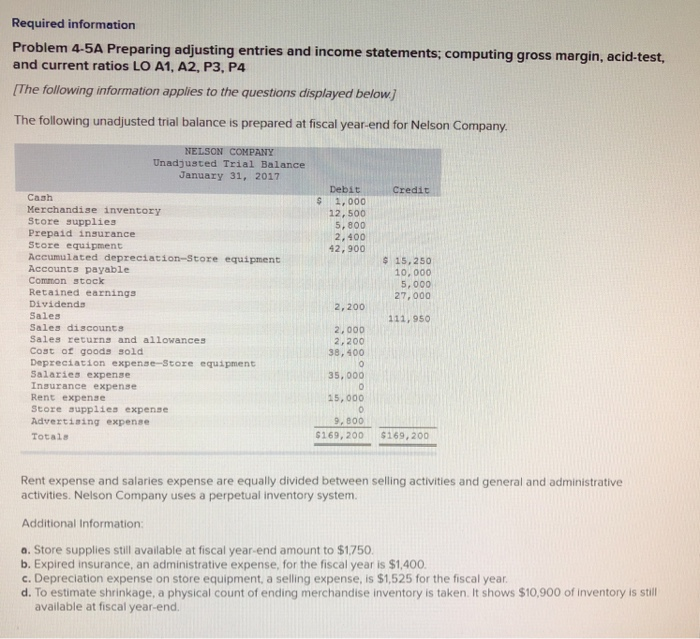  Required information Problem 4-5A Preparing adjusting entries and income statements; computing