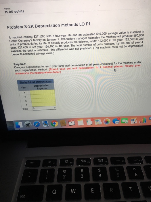  15.00 points Problem 8-2A Depreciation methods LO P1 A machine costing
