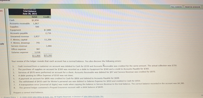  FULL SCREEN PRINTER VERSION Credit $7,880 WINTER Trial Balance June 30,