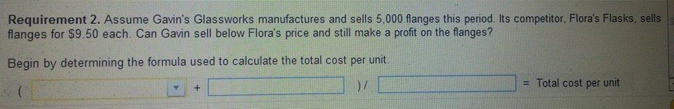 drop down menu for each square are; 1. Material cost per unit