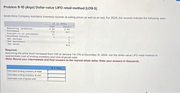 9.5 Problem 9-10 (Algo) Dollar-value LIFO retail method [LO9-5] Smith-Kline Company maintains