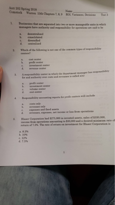  Acct 202 Spring 2018 Comstock Warren 13th Chapters 7,8,9 ROL, Variances,Decisions