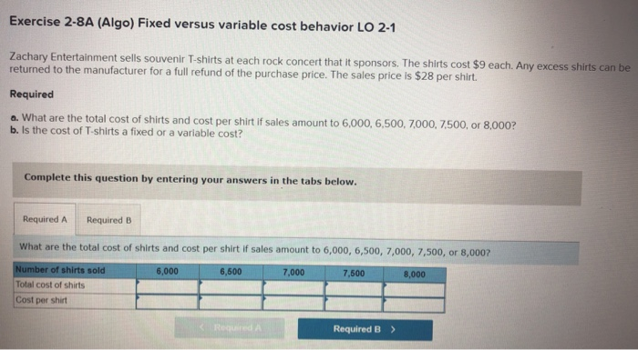  Exercise 2-8A (Algo) Fixed versus variable cost behavior LO 2-1 Zachary