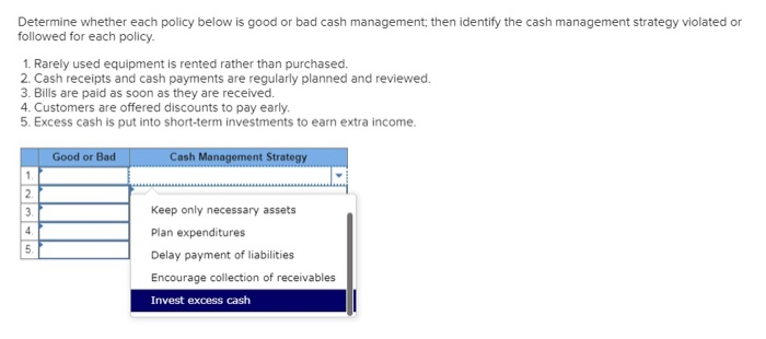  Determine whether each policy below is good or bad cash management;