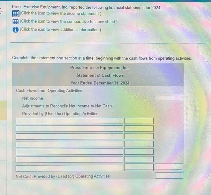  Data table Data table Press Exercise Equipment, Inc, reported the following