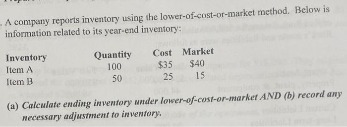  A company reports inventory using the lower-of-cost-or-market method. Below is information