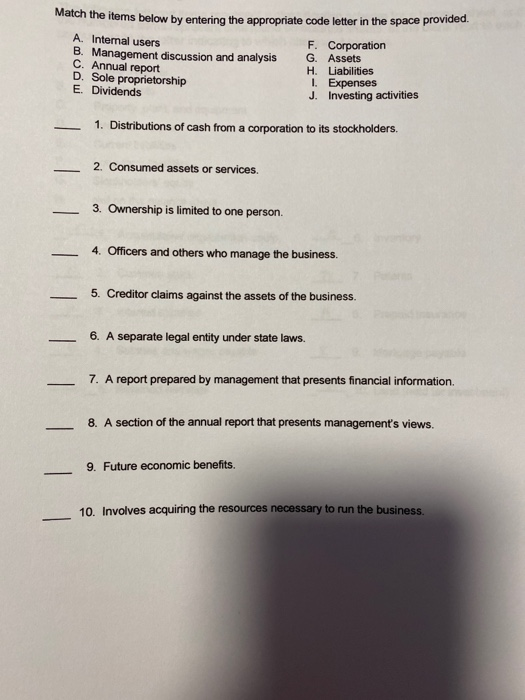  Match the items below by entering the appropriate code letter in
