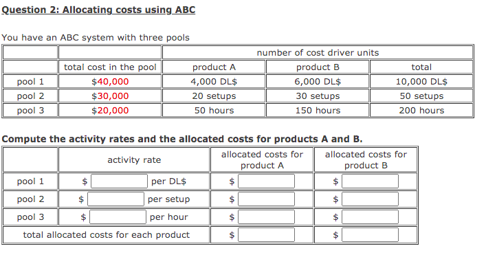  Question 2: Allocating costs using ABC You have an ABC system