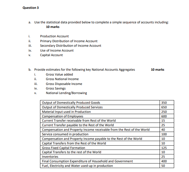 a. Use the statistical data provided below to complete a simple