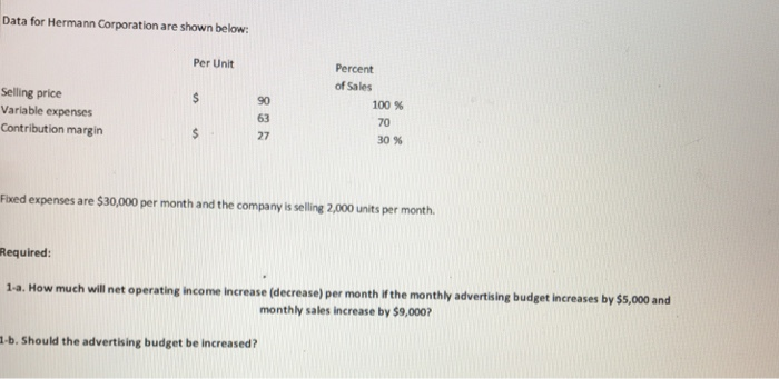  Data for Hermann Corporation are shown below Per Unit Percent of
