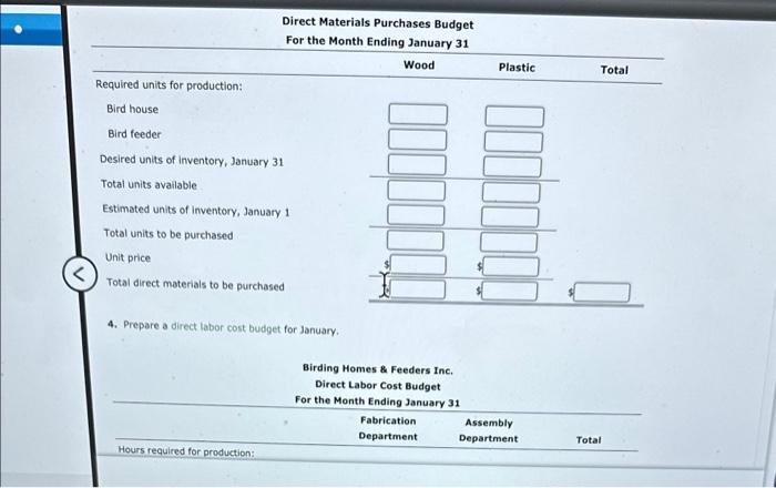 sales for January: Bird house 15,000 units at $25 per unit Bird
