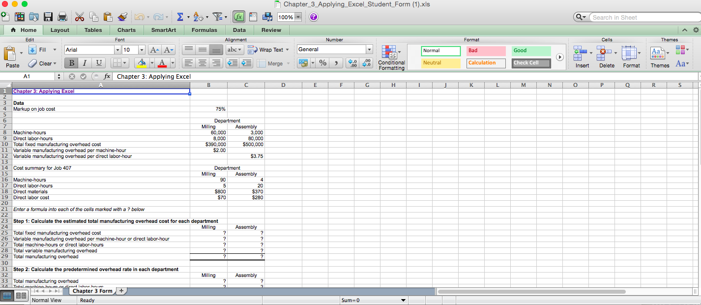 overhead cost for the Milling Department in the Data area back to