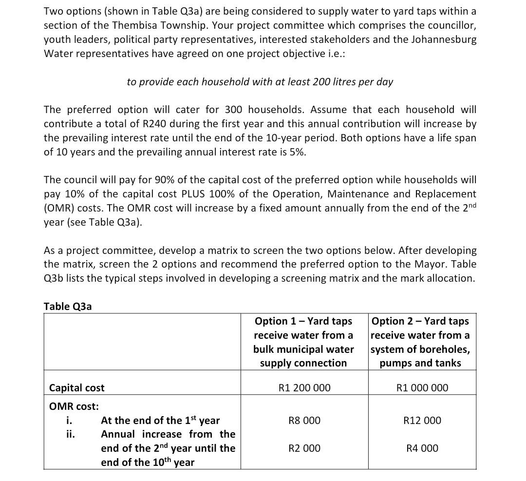 Two options (shown in Table Q3a) are being considered to supply