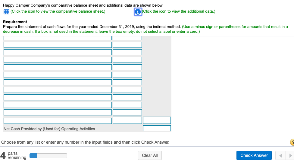 Happy Camper Company's comparative balance sheet and additional data are shown