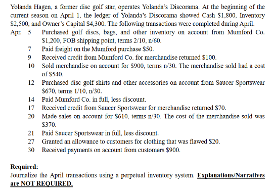 Required: Journalize the April transactions using a perpetual inventory system. Explanations/Narratives are