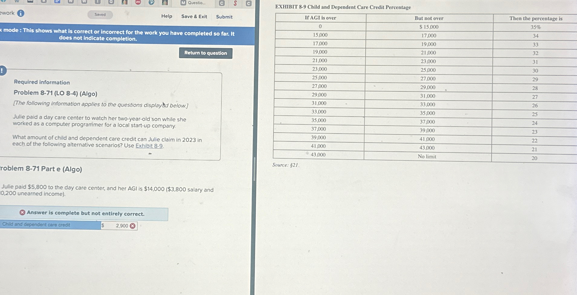  ework i Questio. EXHIBIT 8-9 Child and Dependent Care Credit Percentage