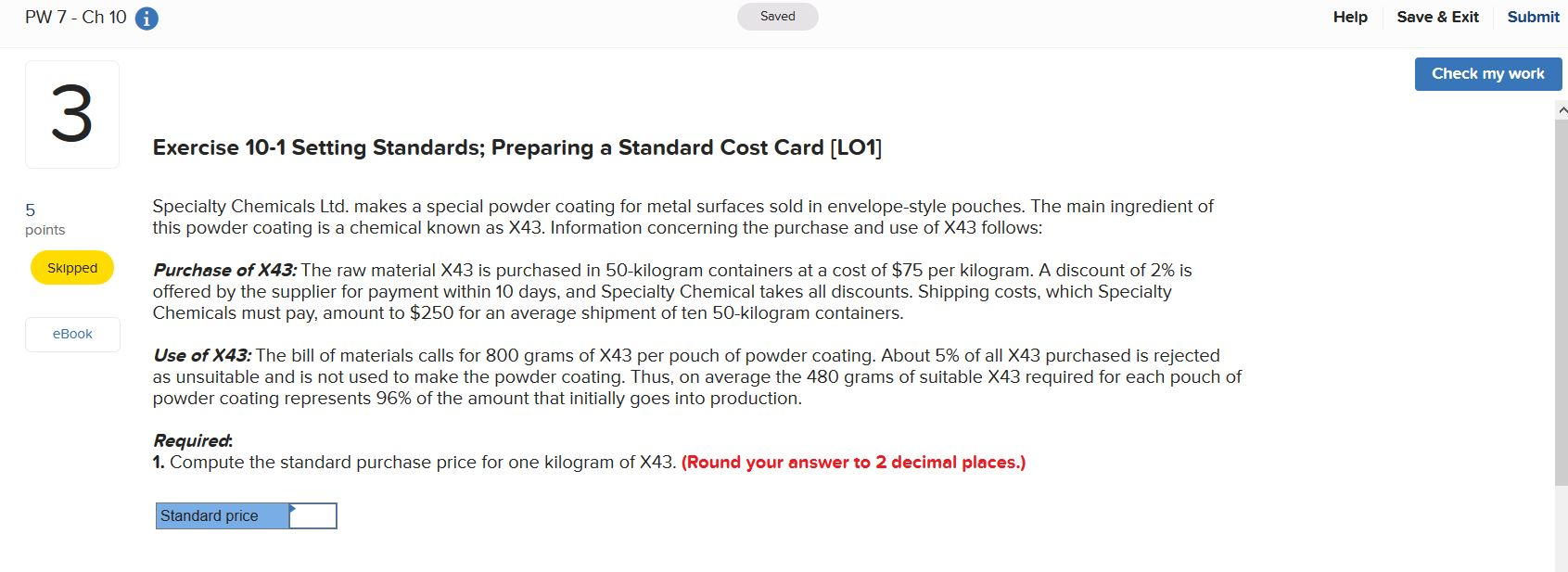 setting standards - preparing a standard cost card PW 7 - Ch