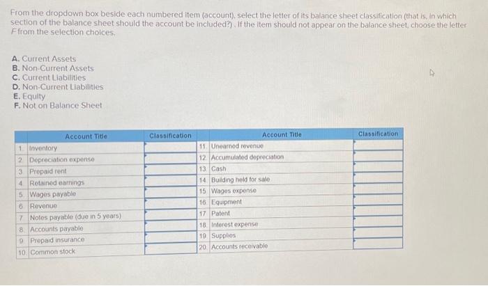  From the dropdown box beside each numbered item (account), select the