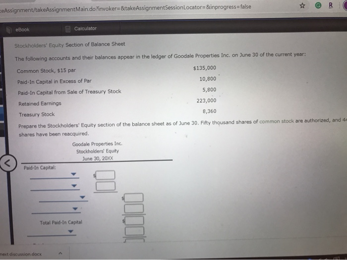  @ RC eAssignment/takeAssignmentMain.do?invoker=&takeAssignmentSession Locator Binprogress=false eBook Calculator Stockholders' Equity Section of