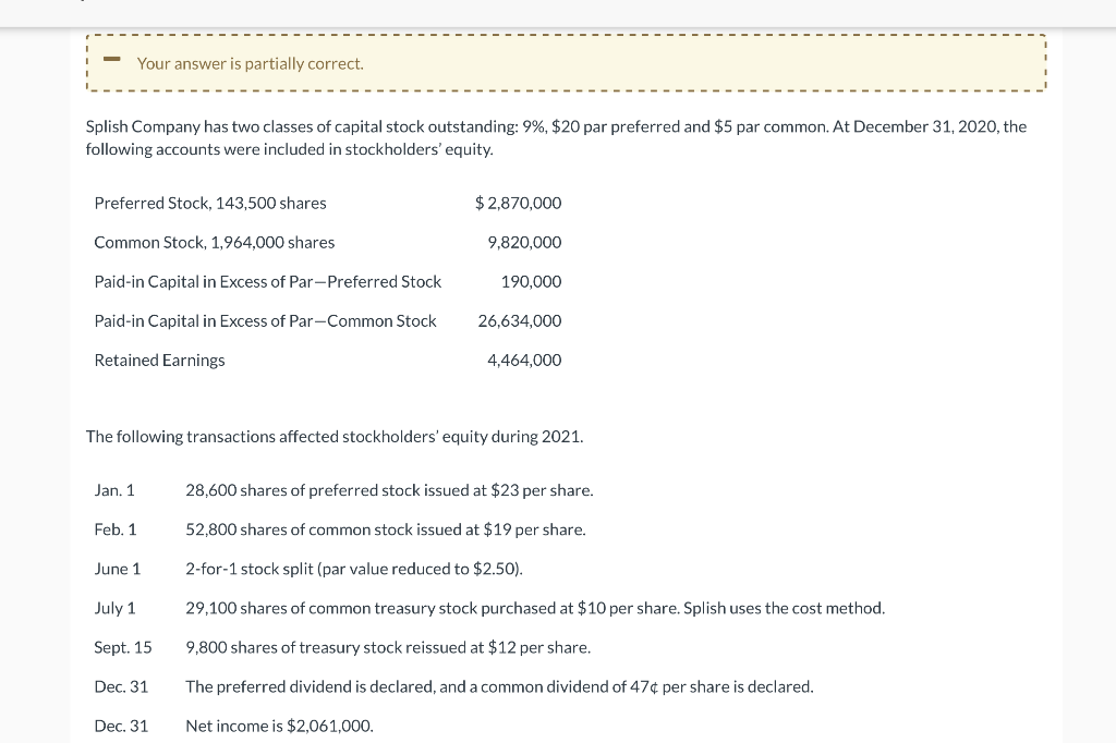 Your answer is partially correct. Splish Company has two classes of