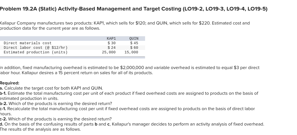 Problem 19.2A (Static) Activity-Based Management and Target Costing (LO19-2, LO19-3, LO19-4,