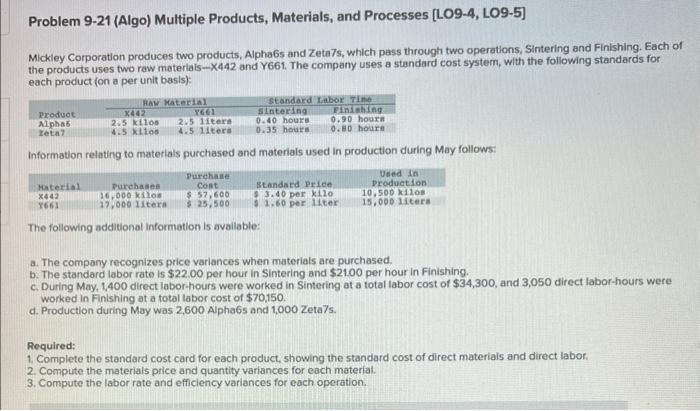  Problem 9-21 (Algo) Multiple Products, Materials, and Processes [LO9-4, LO9-5] Mickley