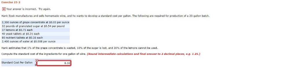 Exercise 23-2 Your answer is incorrect. Try again. Hank Itzek manufactures