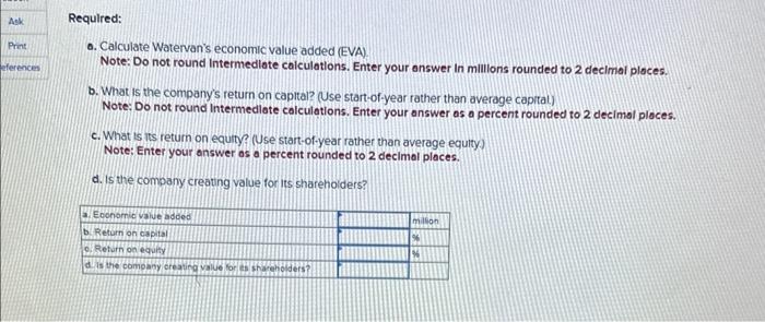 Performance (LO2) Here are simplified financial statements for Watervan Corporation: 0. Calculate