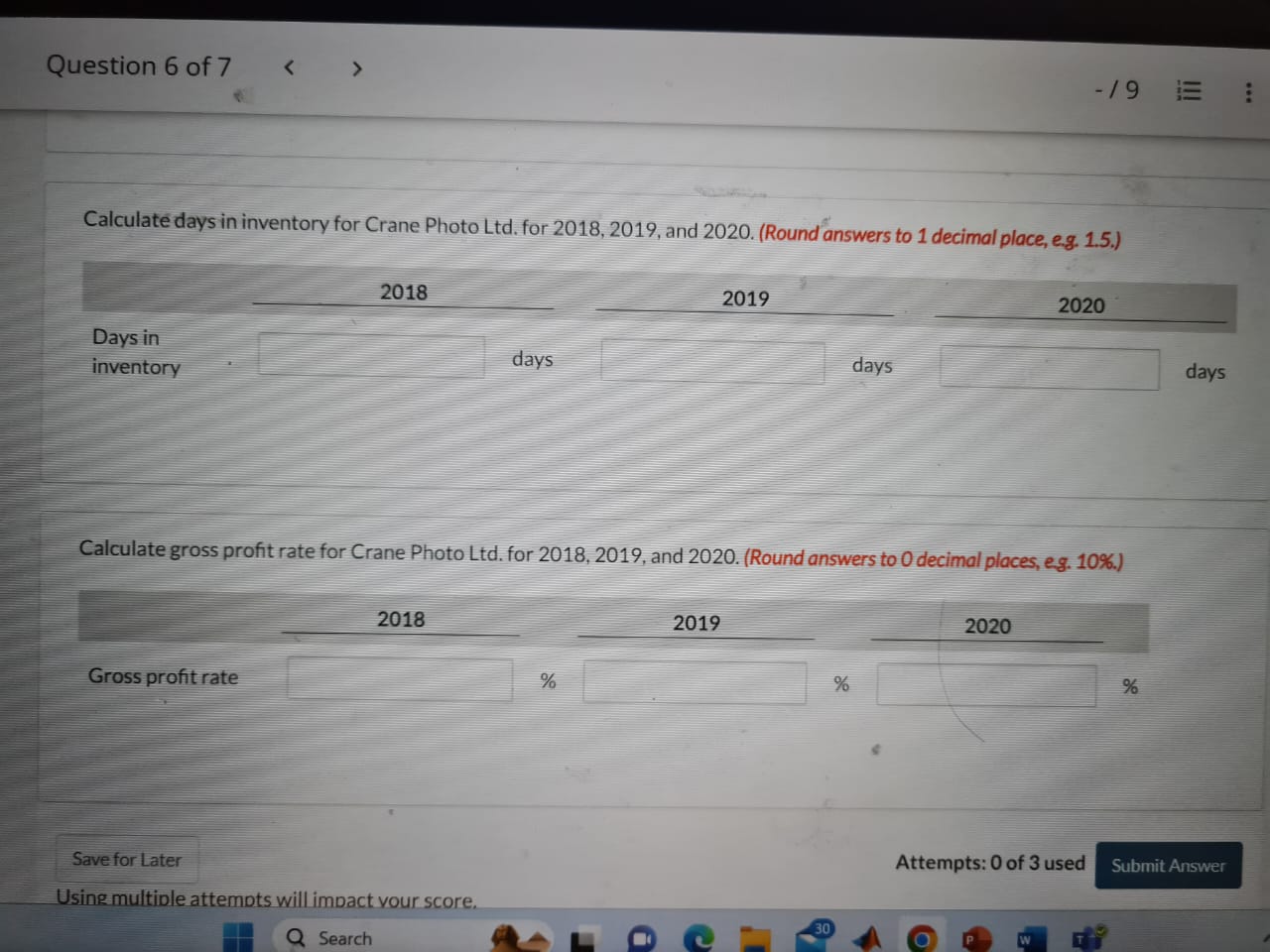 for 2018, 2019, and 2020. Calculate inventory turnover for Crane Photo Ltd.