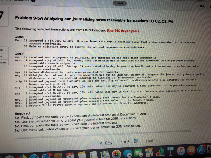  Help S Problem 9-5A Analyzing and journalizing notes receivable transactions LO