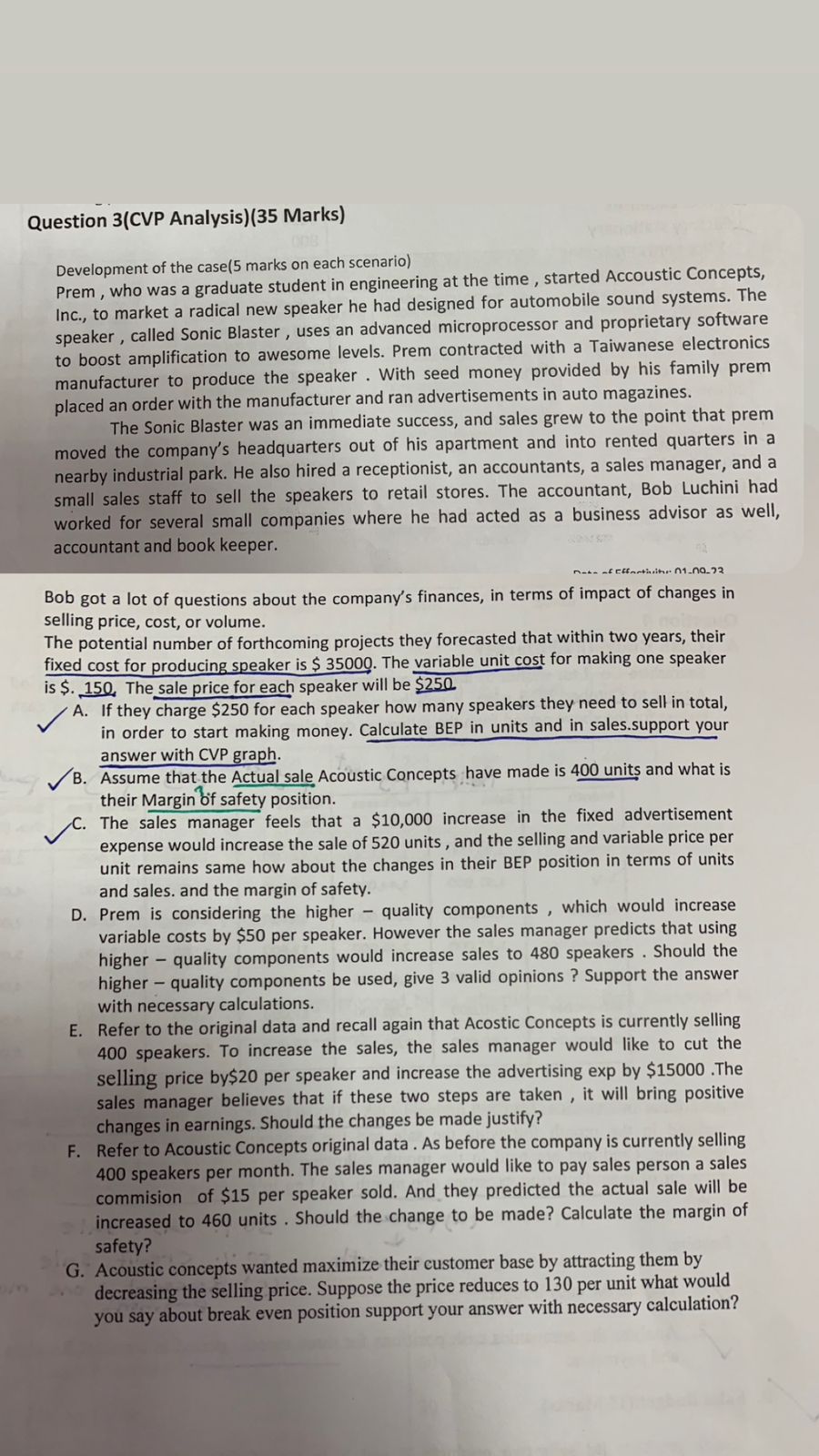  Question 3(CVP Analysis)(35 Marks) Development of the case( 5 marks on