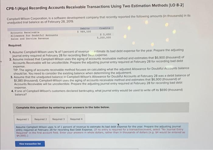  CP8-1 (Algo) Recording Accounts Receivable Transactions Using Two Estimation Methods [LO