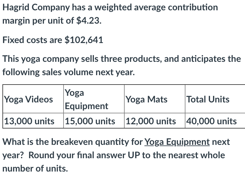  Hagrid Company has a weighted average contribution margin per unit of