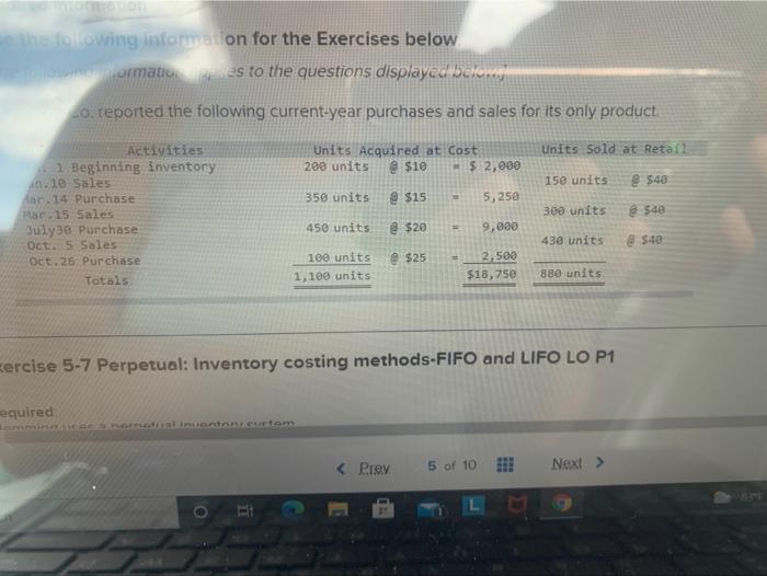  the following informa ion for the Exercises below ormation as to