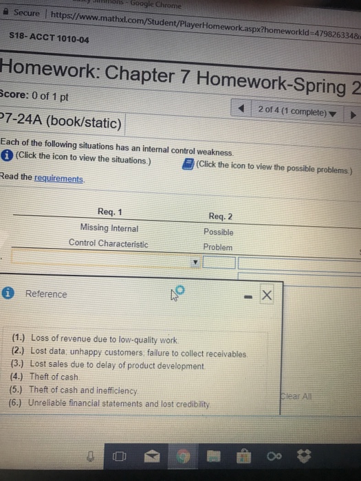  Jinnons -Google Chrome Secure I https://www.mathxl.com/Student/PlayerHomeworkaspx?homeworkid=479826334& S18-ACCT 1010-04 Homework: Chapter 7