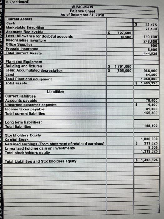 you! n. Using the financial statements prepared in part k, determine approximately