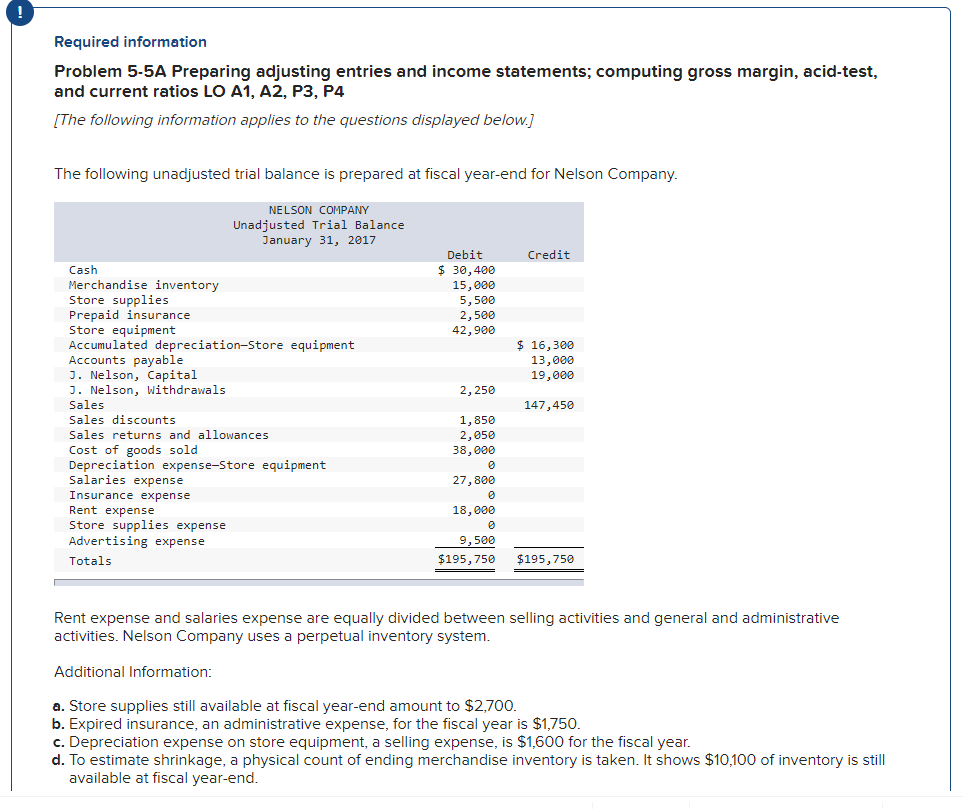 ! Required information Problem 5-5A Preparing adjusting entries and income statements;
