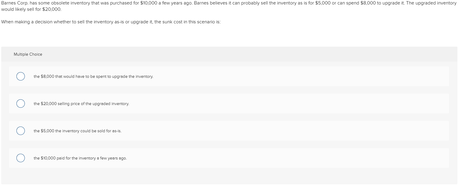 Barnes Corp. has some obsolete inventory that was purchased for $10,000