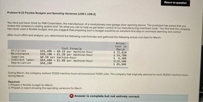  Return to question Problem 9-23 Flexible Budgets and Spending Variances (L0944,